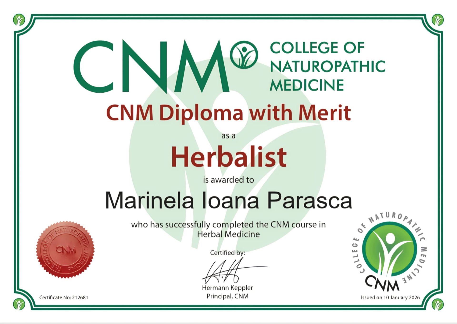 CNM Diploma with Merit — Herbalist
