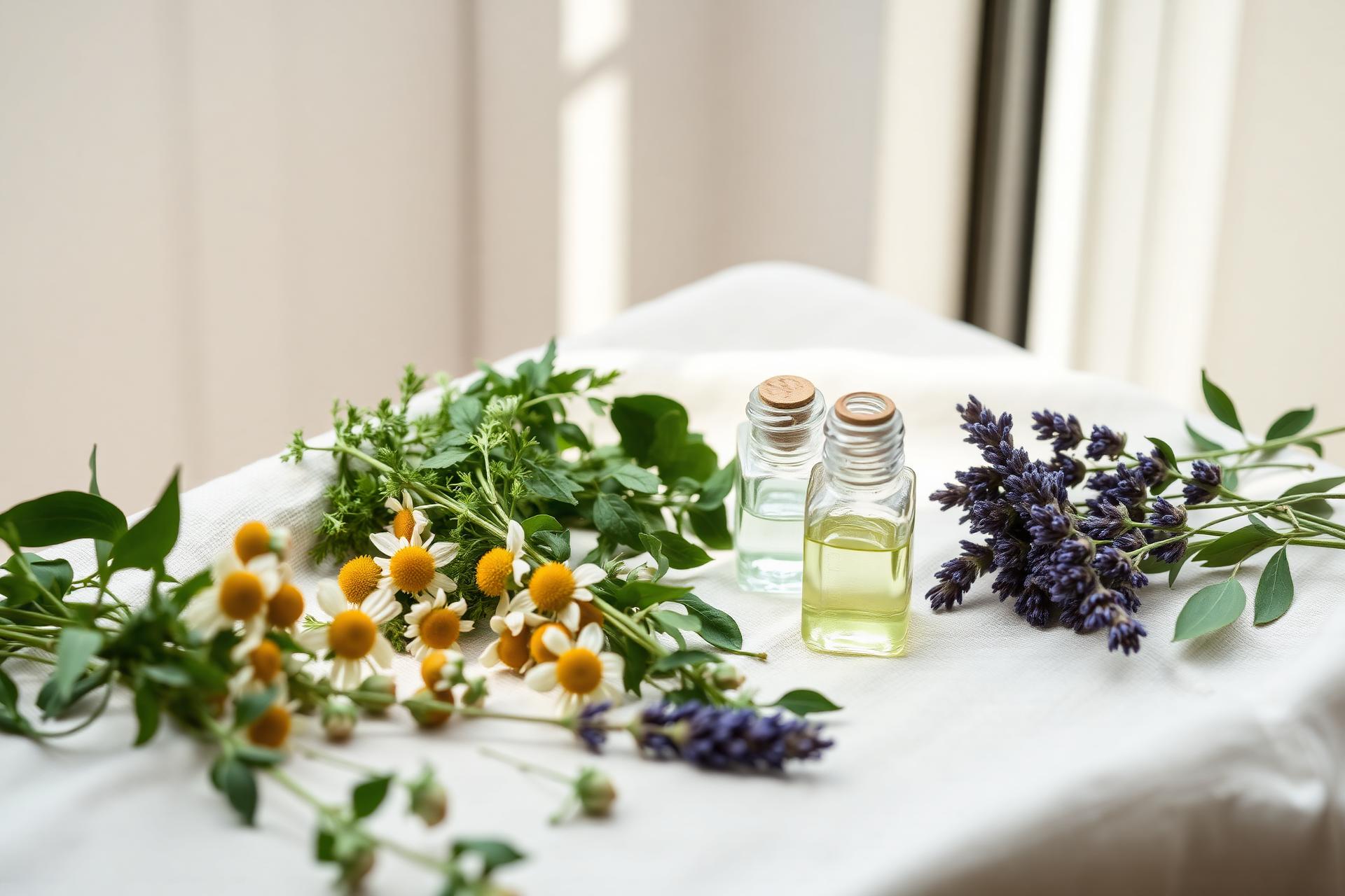 Fresh herbs, chamomile and tincture bottles on soft linen
